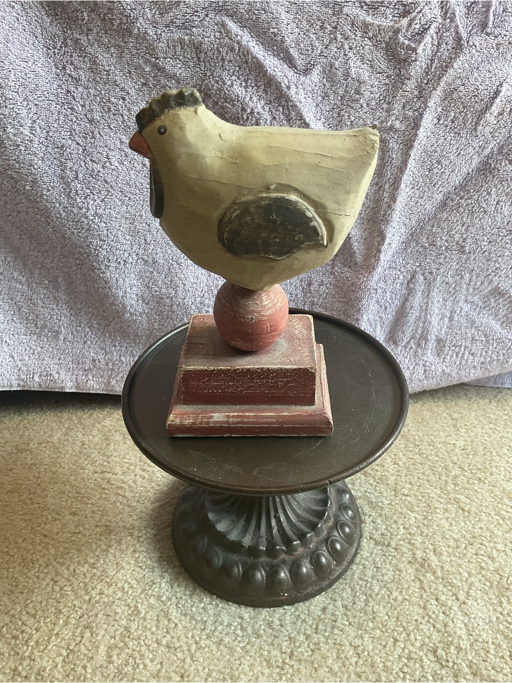 Wooden Folk Art Chicken on Pedestal - Beige & Red